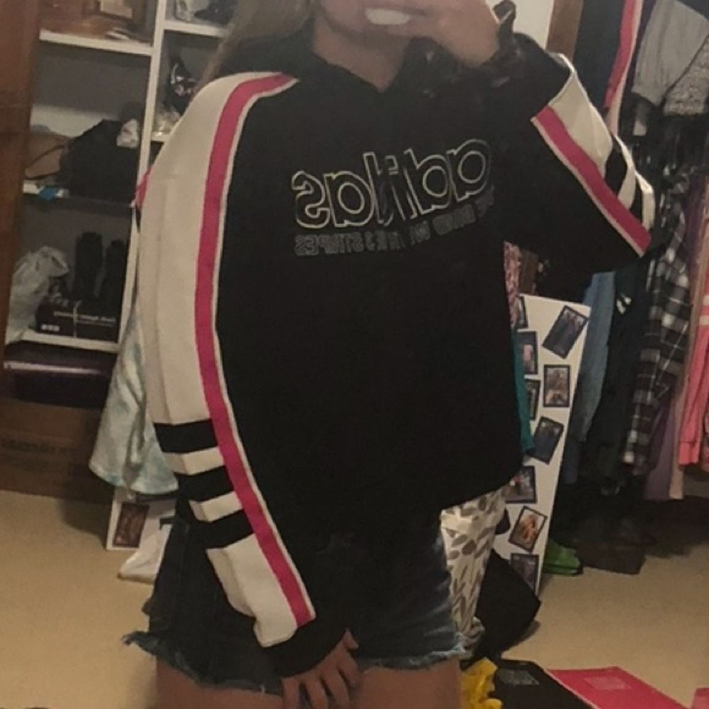 Adidas Cropped Hoodie Sweatshirt Stripes XS - Picture 3 of 8